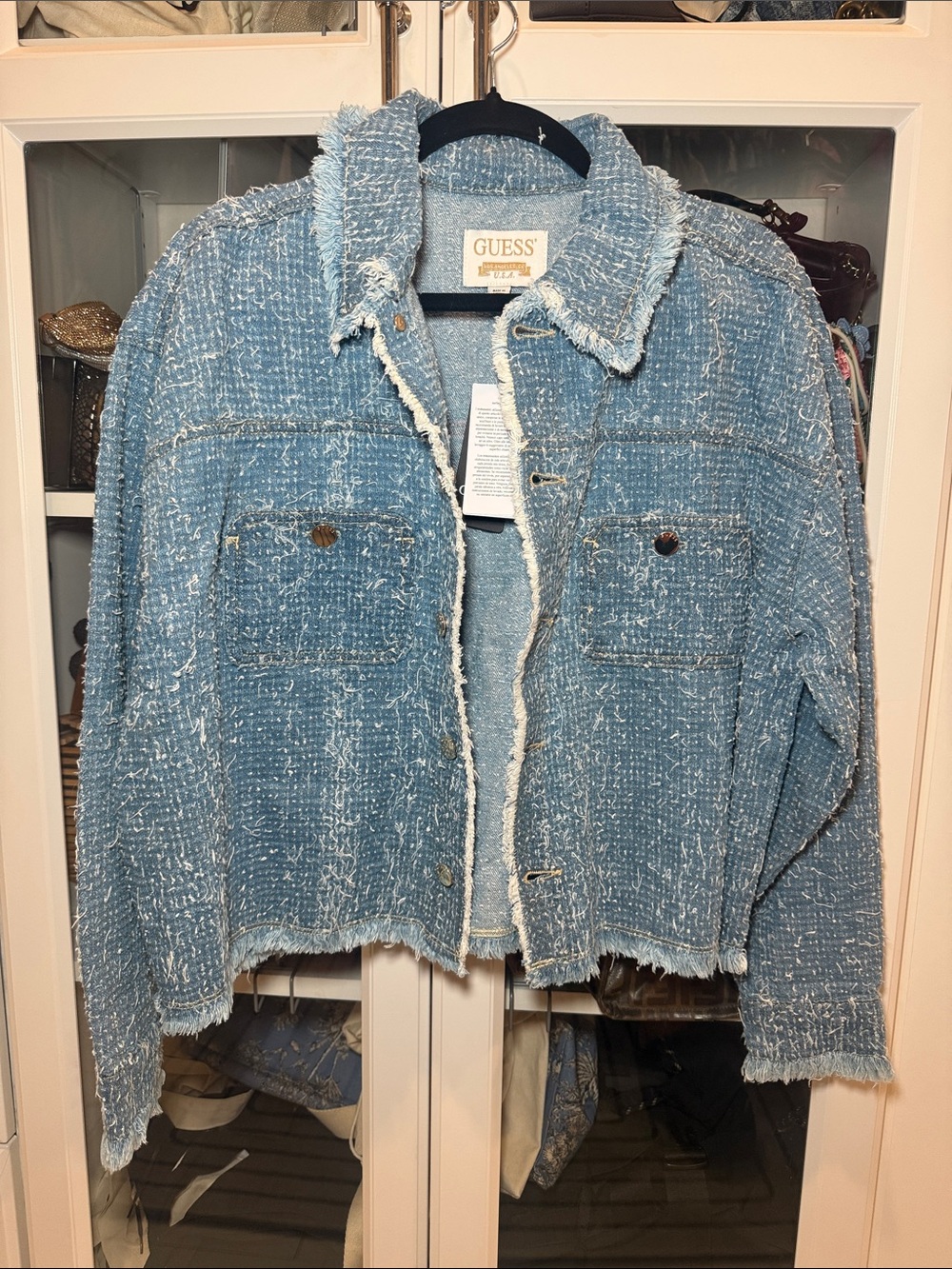 GUESS Light Blue Frayed Tweed Jean Jacket